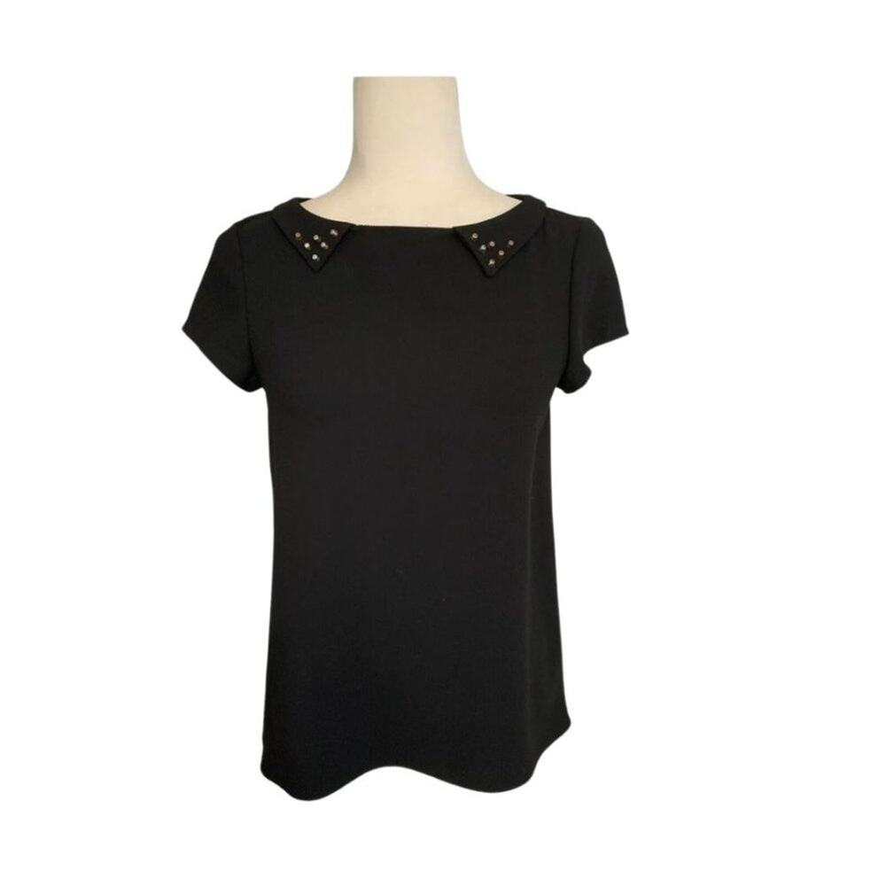 Zara Crew Neck Solid Cap Sleeve with Studded Collar Black S